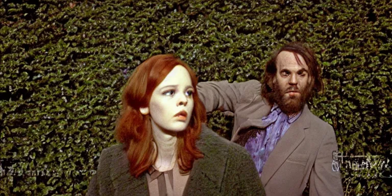 Prompt: photorealistic ultra wide cinematography of danny and wendy torrance from stanley kubrick's 1 9 8 0 film the shining, walking inside and navigating through the hedge labyrinth outside overlook hotel shot on 3 5 mm eastman 5 2 4 7 film by the shining cinematographer john alcott shot on a wide kinoptik tegea 9. 8 mm lens. with golden ratio composition