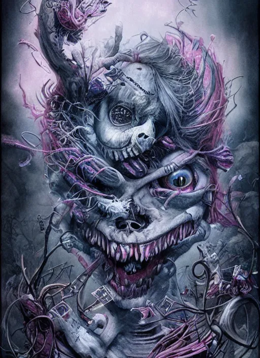 Prompt: Alice in Wonderland Cheshire Cat Death Tarot card,highly detailed,half skull face,cinematic,8k,by Stanley Artgermm,Tom Bagshaw,Greg Rutkowski,Carne Griffiths, Ayami Kojima, Beksinski, Giger,trending on DeviantArt,hyper detailed,horror, full of colour