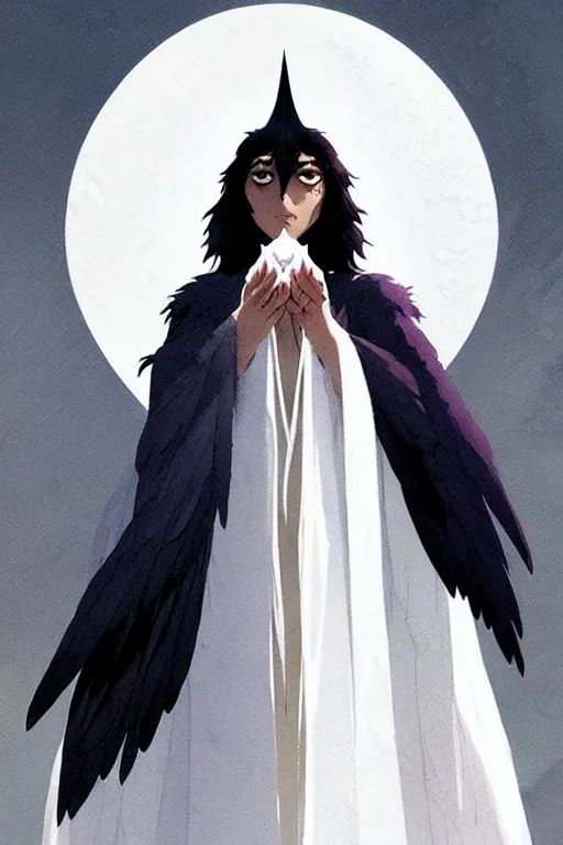 Image similar to raven headed warlock doing magic spells wind, white robes, finely detailed perfect face, exquisite details, mid view, design on a white background, by studio muti, greg rutkowski makoto shinkai takashi takeuchi studio ghibli