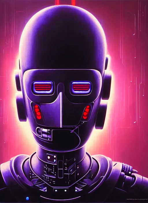 Prompt: cinematic bust portrait of a Japanese male cyberpunk cyborg hacker android, head and chest only, exotic alien features, grunge, grime, tech-noir, low-key, glowing lights, robot parts, computer monitors, Tim Hildebrandt, Wayne Barlowe, Bruce Pennington, donato giancola, larry elmore, oil on canvas, masterpiece, trending on artstation, featured on pixiv, cinematic composition, dramatic pose, beautiful lighting, sharp, details, hyper-detailed, HD, HDR, 4K, 8K