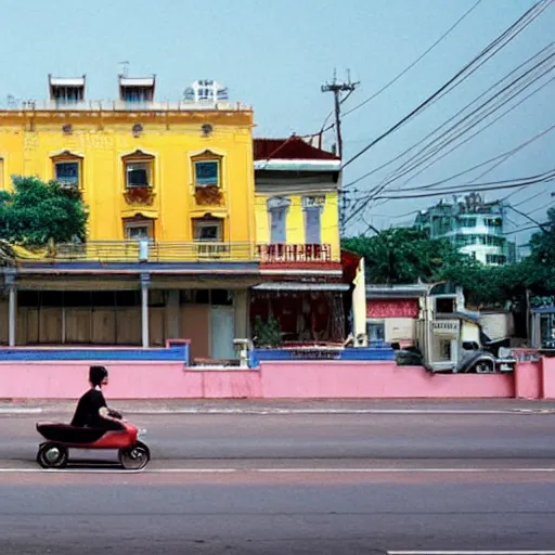 Image similar to Wes Anderson film still in Saigon without people. Establishing shot. 8k resolution. Pastel. Sharp. Whimsical.