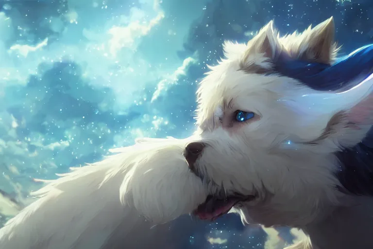 Image similar to blue eyed celestial dog, single subject, scenic full shot, ambient lighting, detailed face, by makoto shinkai, stanley artgerm lau, wlop, rossdraws