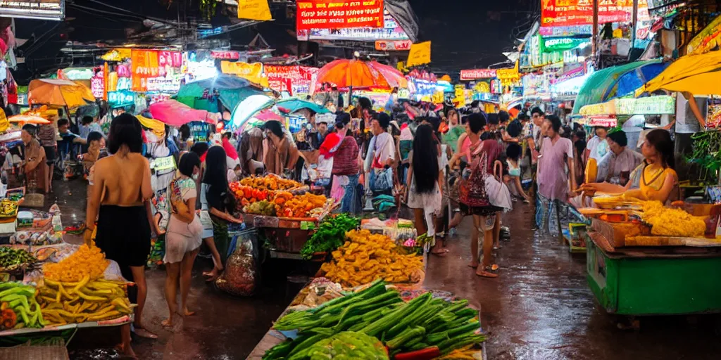 Image similar to bangkok night market with food stalls and vegetable stands, raining, photography