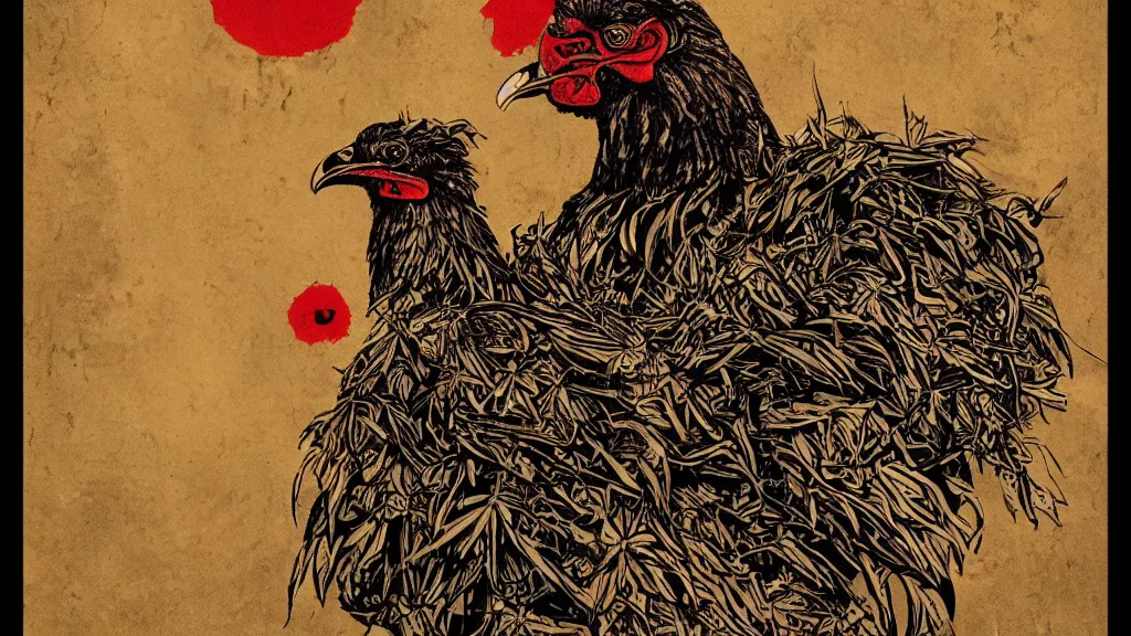 Image similar to dark military portrait of a majestic Fat!!!! Black Rooster, the King of rooster old decrepit tarot card, avian warrior, red gold black royal tarot card background, with blunt brown border and Cannabis trees, ultra-detailed pen and ink illustration, sharp focus, matte painting, symmetrical, golden ratio, cgsociety, concept art, 8k, octane render, artstation, art by Gerald Brom