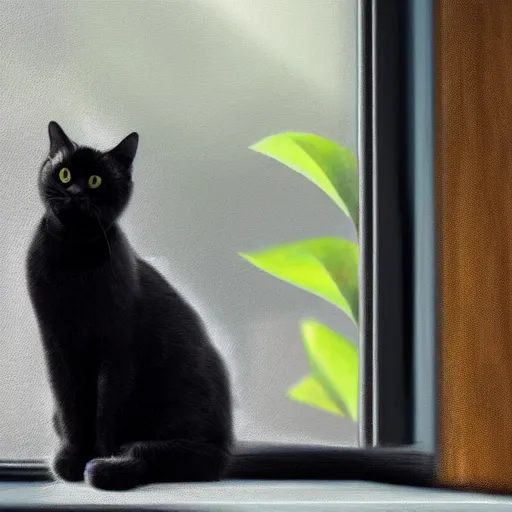 Prompt: peaceful dreamy painting of a content black cat sitting by a window, detailed face, sunshine coming through the window, small plants on the window sill, 4k resolution, highly detailed