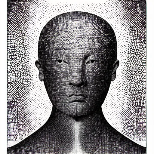 Image similar to grainy halftone effect super conceptual post - mortem monumental abstract portrait made by escher and william blake, highly conceptual figurative art, intricate detailed illustration, illustration sharp geometrical detail, vector sharp graphic, controversial, manga 1 9 9 0