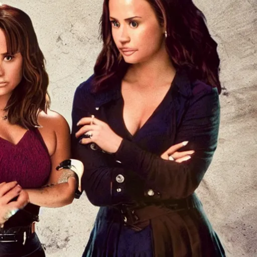 Image similar to close-up of Demi Lovato as Piper Halliwell and Selena Gomez as Phoebe Halliwell and Ariana Grande as Prue Halliwell in a Charmed movie directed by Christopher Nolan, movie still frame, promotional image, imax 35 mm footage