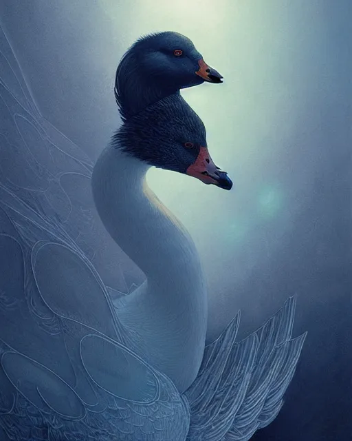 Image similar to complete and delicate portrait of a goose, beautiful, agile, fairy, myth, legend, detailed, trending on artstatioin, light effects, kilian eng, john harris, bastien lecouffe - deharme