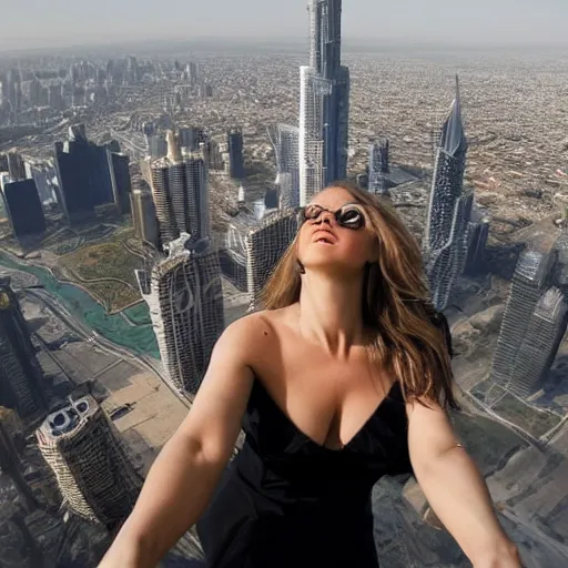 Image similar to Award-winning photography of the most beautiful woman to have ever existed, posing at the top of the world\'s tallest building