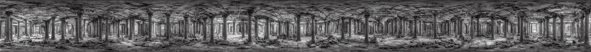 Prompt: photo of an immersive forgotten panopticon well full of eyes, with columns and destroyed cybernetics from an ancient civilization, photorealistic, higly detailed dark, 3 6 0 picture, panorama, 3 5 mm slide, trending on flickr, in the style of francesca woodman, zachary corzine, zhelong xu, greg rutkowski and anders zorn