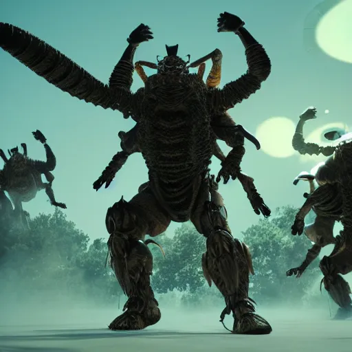 Image similar to highly detailed octane render of giant glowing insects chasing short fat men with giant beards who each hold a gun and wear armour. Depth of field