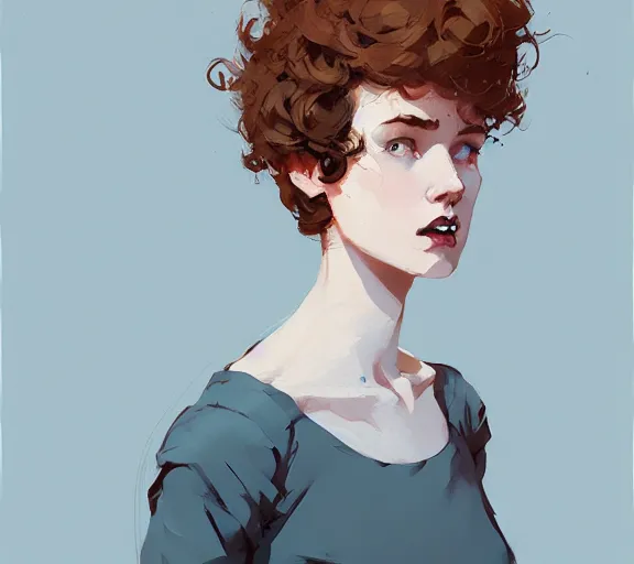 Image similar to portrait woman with short ginger curly hair, by atey ghailan, by greg rutkowski, by greg tocchini, by james gilleard, by joe fenton, by kaethe butcher, by ashley wood, dynamic lighting, gradient light blue, brown, blonde cream and white color scheme, grunge aesthetic
