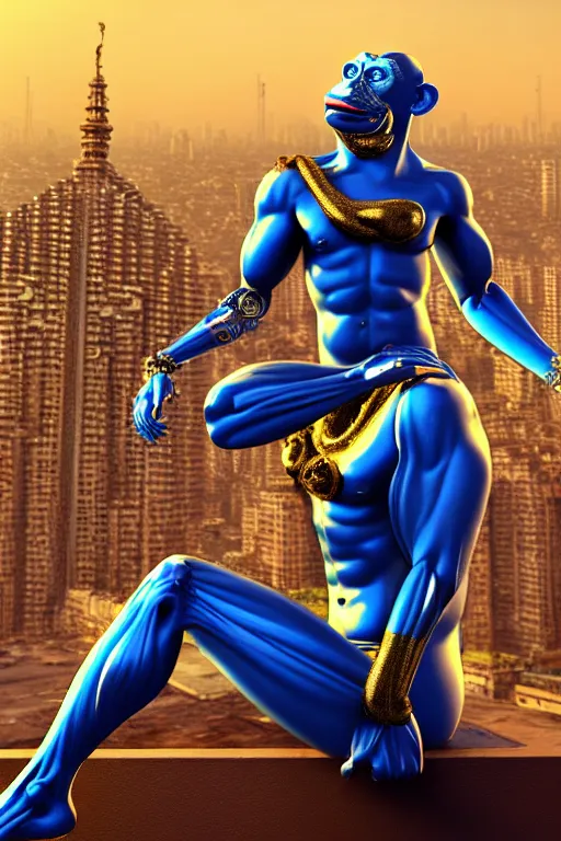 Image similar to high quality 3 d render ultra realistic mischievous cyborg muscular man monkey blue hybrid sitting, gold madhubani, highly detailed, cyberpunk!! mumbai in the background, unreal engine cinematic smooth, szukalski, moody light, low angle, uhd 8 k, sharp focus