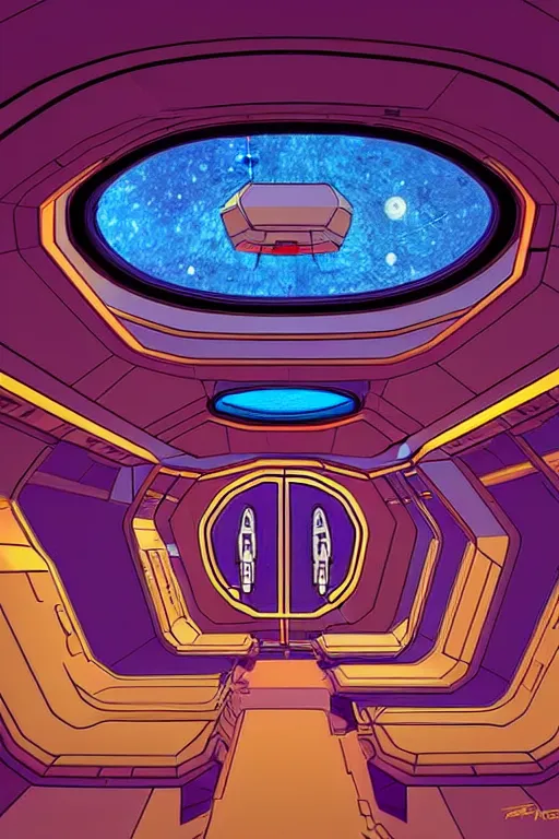 Image similar to a space ship interior det design in a world inspired by jean giraud moebius and geoff darrow