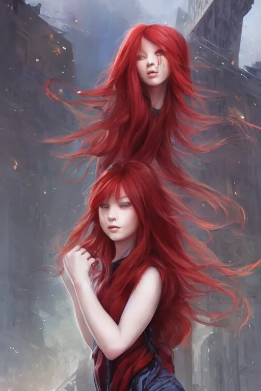 Prompt: beautiful cute red haired joyful and playful 1 9 year old maiden standing up in casual clothing, long hair, modern city, rpg character, sci - fi, fantasy, intricate, elegant, digital painting, artstation, concept art, smooth, 8 k frostbite 3 engine, ultra detailed, art by artgerm and greg rutkowski and magali villeneuve