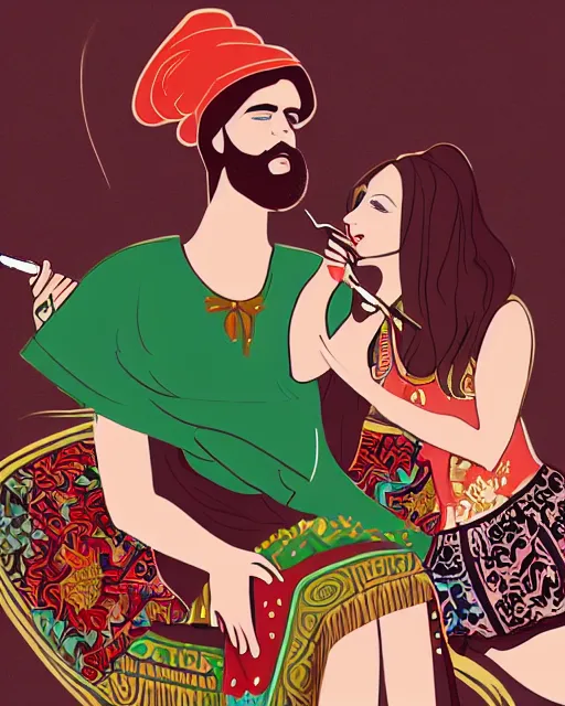 Image similar to chad bearded guy smoking hookah on a date with girl in turkish national dress, acid trip style, artwork, 4 k