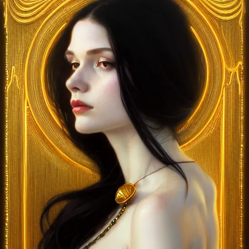 Image similar to Portrait of a beautiful pale skin Eastern European female with long black hair, dark eyes, elegant clothing, photorealistic, highly detailed, artstation, smooth, sharp focus, gold ornaments, neon lighting, sci-fi, art by Klimt, artgerm, Greg Rutkowski and Alphonse Mucha