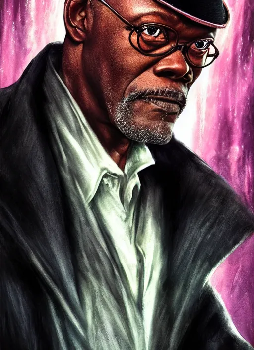 Prompt: Dramatic portrait photo of Samuel L Jackson as Harry Potter, wizard, cracked castle in background, dramatic lighting, digital painting, concept art, smooth, sharp focus, art by artgerm