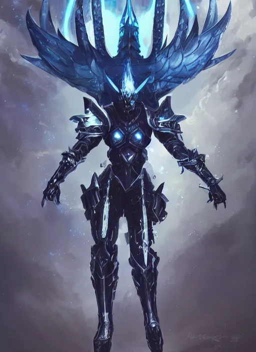 Image similar to dark seraphim knight in light armor wielding a magical lance slaying a sky beast full body silhouette. dark water, cyberpunk pearl armor, futuristic fantasy, highly detailed, digital painting, trending on artstation, concept art, sharp focus, illustration, art by artgerm and nixeu and greg rutkowski and magali villeneuve.