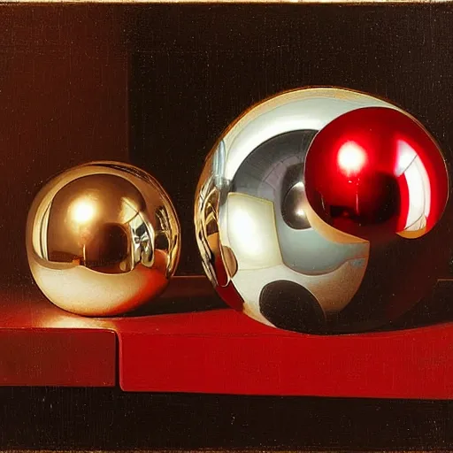 Prompt: chrome spheres on a red cube by hendrick ter brugghen