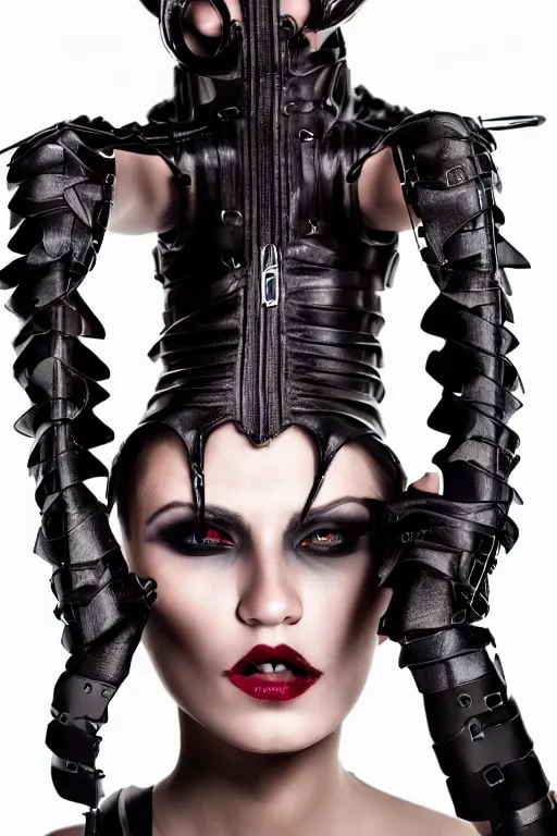 Image similar to a beautifull demon woman model, wearing cable armor, luxury materials, symmetrical, cinematic, elegant, professional studio light, real dlsr photography, sharp focus, 4 k, ultra hd, sense of awe, high fashion