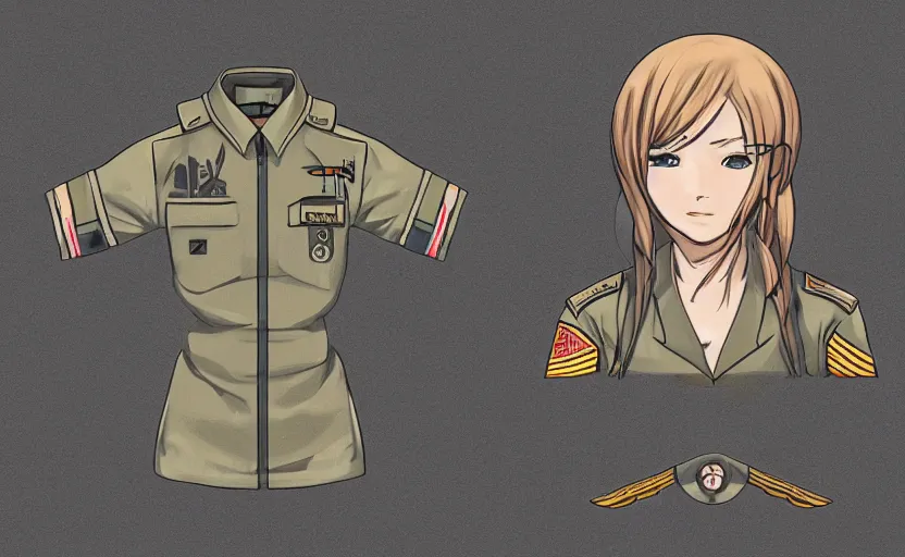 Prompt: T-shirt design, portrait of soldier girl, 2022 anime style, clean logo, graphic templates, flight squadron insignia, vintage saturation, soldier clothing, realistic military gear, inspired by shirt designer, made in blender, round background, vector line art, by oda, trending on pixiv, symbology, realistic human anatomy, high resolution, matte, empty hands, realistic military carrier