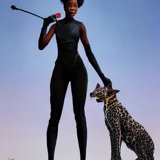 Image similar to highly detailed an african american woman in with the black panter random suit from the future gta v, stephen bliss, unreal engine, fantasy art by greg rutkowski, loish, rhads, ferdinand knab, makoto shinkai and lois van baarle, ilya kuvshinov, rossdraws, tom bagshaw, global illumination, radiant light, detailed and intricate environment