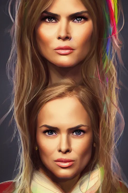 Prompt: portrait of a blend of young maria shriver, mariel hemmingway, melania trump and elle macpherson as an angel, thin lips, hair tied up in a pony tail, rainbow colors, vine, artstation, cgsociety