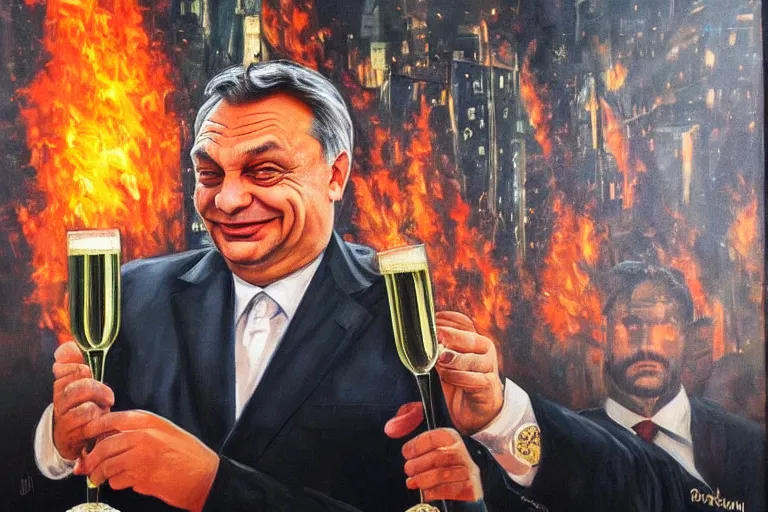 Image similar to viktor orban drinking champagne and cheering in front a burning city, highly detailed eyes, oil on canvas