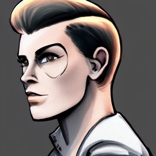 Prompt: character concept art of heroic stoic emotionless butch blond handsome woman engineer with very short slicked - back butch hair, narrow eyes, wearing atompunk jumpsuit, retrofuture, science fiction, mike mignogna, digital art