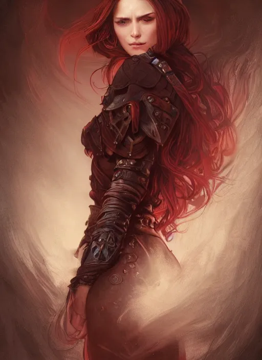 Image similar to vertical portrait of a ruggedly handsome female cleric, soft hair, close - up face, leather, witchy, d & d, fantasy, intricate, elegant, highly detailed, digital painting, artstation, concept art, smooth, sharp focus, illustration, art by artgerm and greg rutkowski and alphonse mucha, plain red background