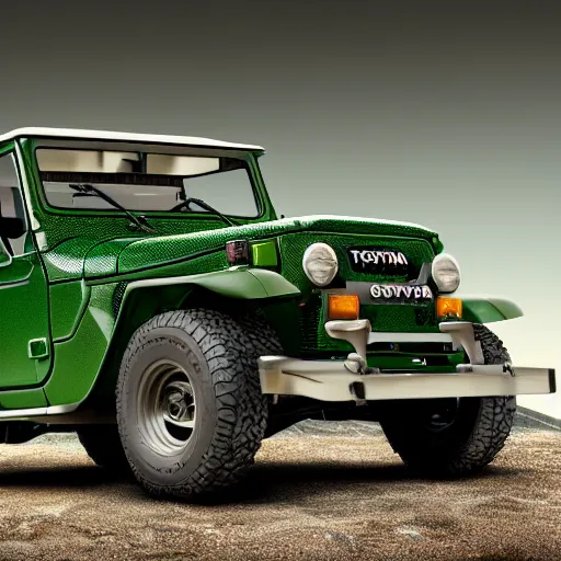 Image similar to closeup of a green Toyota Fj43 build in 1981, black roof, with a roof rack, detailed, by Leonardo da Vinci, 8K, octane render, 8K,