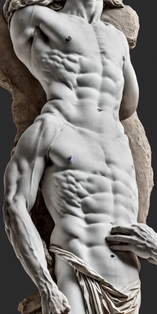 Image similar to twenty three year old michelangelo carving a block of white marble into the torso of the statue of david, photorealistic, hyperdetailed, studio lighting, octane render, caustics