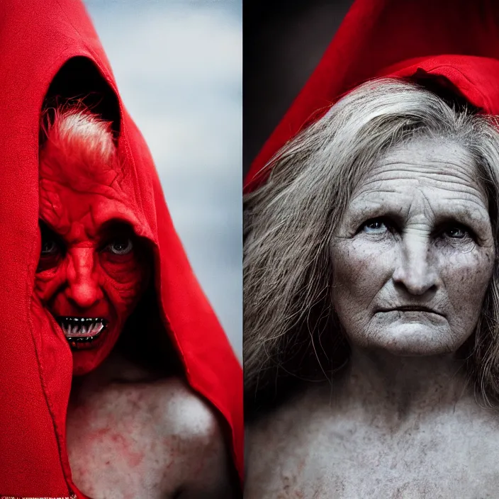 Image similar to closeup portrait of an angry woman in a red cloak, standing next to a red devil monster, by Annie Leibovitz and Steve McCurry, natural light, detailed face, CANON Eos C300, ƒ1.8, 35mm, 8K, medium-format print