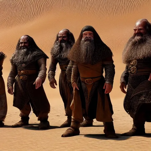 Prompt: the dwarves from the Dune movie by Denis Villeneuve, highly detailed photorealistic cinematic photoshot, high quality light postprocessing