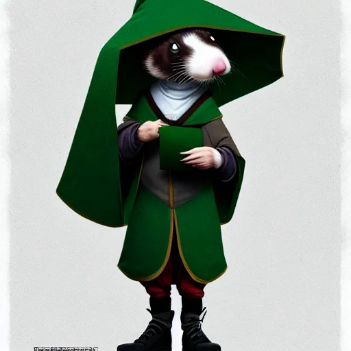 Image similar to a anthropomorphic ferret is dressed as a hogwarts student in slytherin robes, hyperdetailed, artstation, cgsociety, 8 k