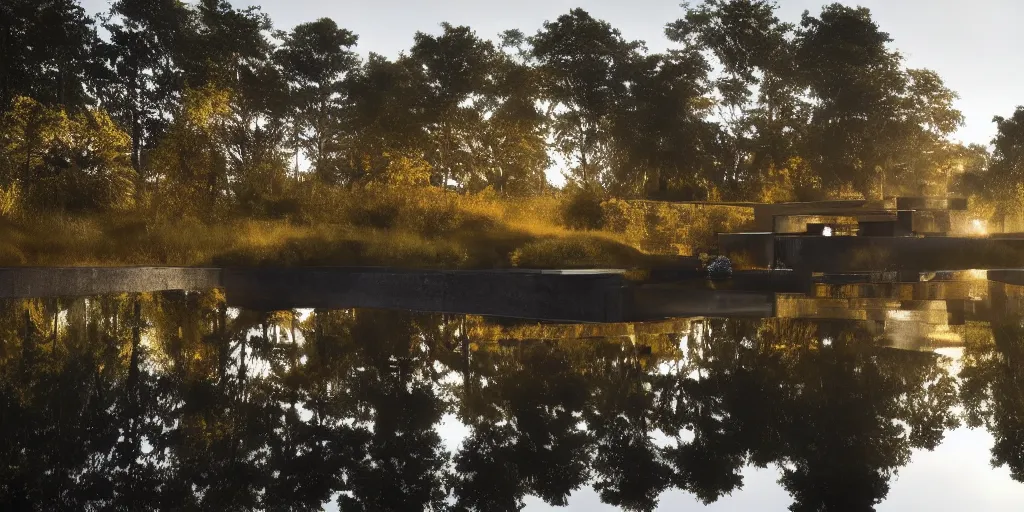 Prompt: an extremely detailed cathedral of brutalist architecture, surrounded by lush green forest, accurate reflections in small ponds of water, stunning volumetric lighting, sunset, rusted steel, smooth concrete, stunning skies, trending on Artstation, 8k, photorealistic, hyper detailed, unreal engine 5, IMAX quality, cinematic, epic lighting, in the style of Greg Rutkowski