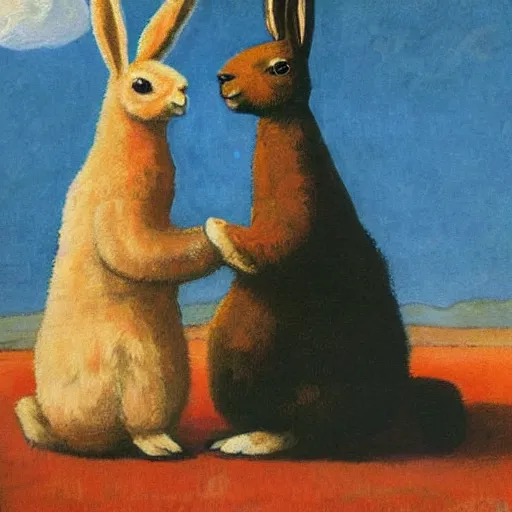 Image similar to a rabbit and an alpaca in love in the style of gifford beal