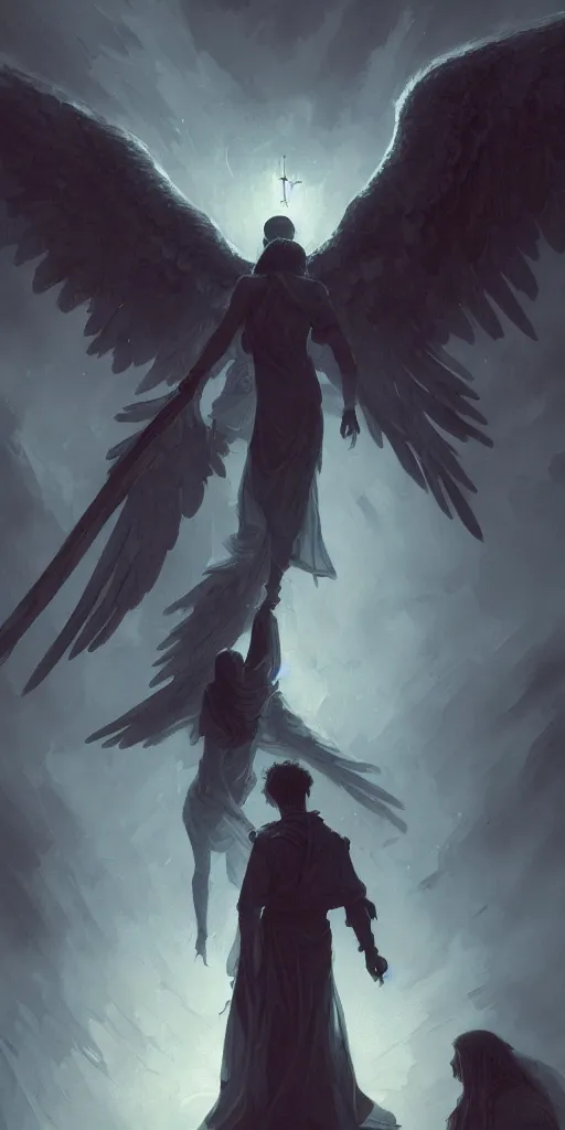 Image similar to angel protecting man, detailed intricate illustration, dark atmosphere, detailed illustration, hd, 4 k, digital art, overdetailed art, by greg rutkowski, by loish, complementing colors, trending on artstation, deviantart