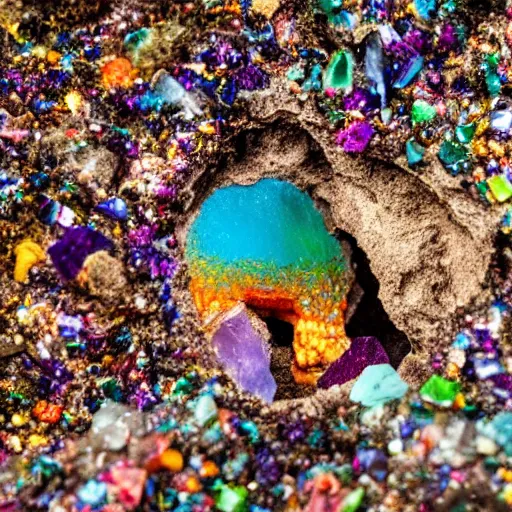 Prompt: tiny dinosaur skeleton inside a geode of colored crystals