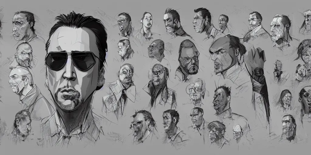 Image similar to nicholas cage, character sheet, concept design, contrast, kim jung gi, greg rutkowski, zabrocki, karlkka, jayison devadas, trending on artstation, 8 k, ultra wide angle, pincushion lens effect