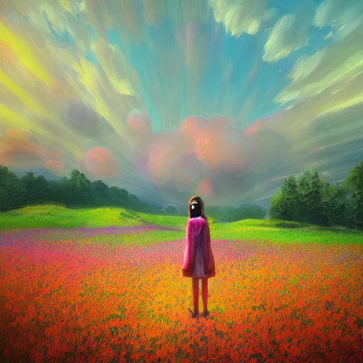 Prompt: girl with a flower face, surreal photography, bizzare, dreamlike, standing in flower field, in a valley, sunrise dramatic light, impressionistic painting, colorful clouds, artstation, simon stalenhag