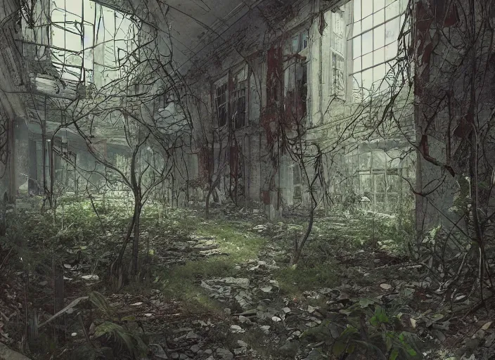 Image similar to abandoned high school overtaken by plants and nature and rot, artstation, high quality, detailed, eerie atmosphere, in the style of Rui Komatsuzaki