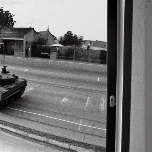 Image similar to cctv footage of a tank driving past a suburban neighbhoorhood, realistic, highly detailed, black and white, at night, taken on a security cctv camera, taken from the view of a house door.