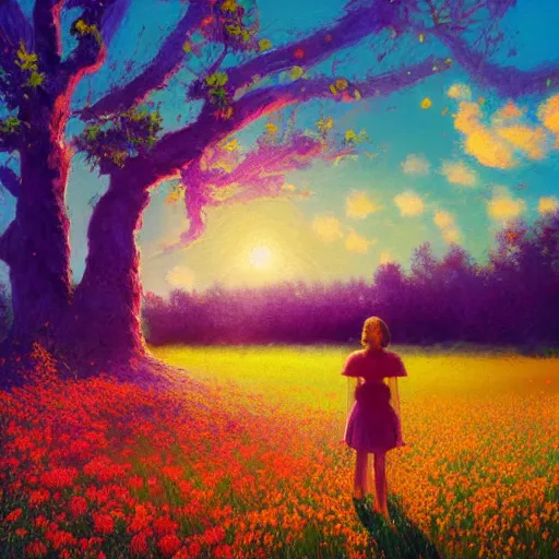 Prompt: girl with made of flower, standing in a flower field, big trees, sunrise dramatic light, impressionist painting, colorful clouds, digital painting, pointillism, artstation, simon stalenhag