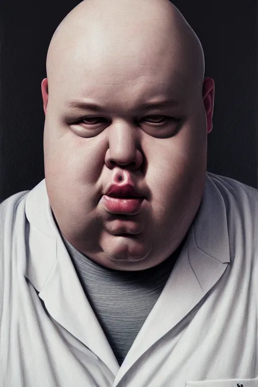 Prompt: face centered portrait of an obese bald man, white lab coat, artwork by james jean, hyperdetailed, realistic, smooth, jean delville, ultrasharp hyperdetailed photorealistic octane render