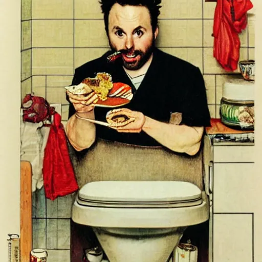 Image similar to Charlie Day eating sushi out of a white toilet bowl, Norman Rockwell,