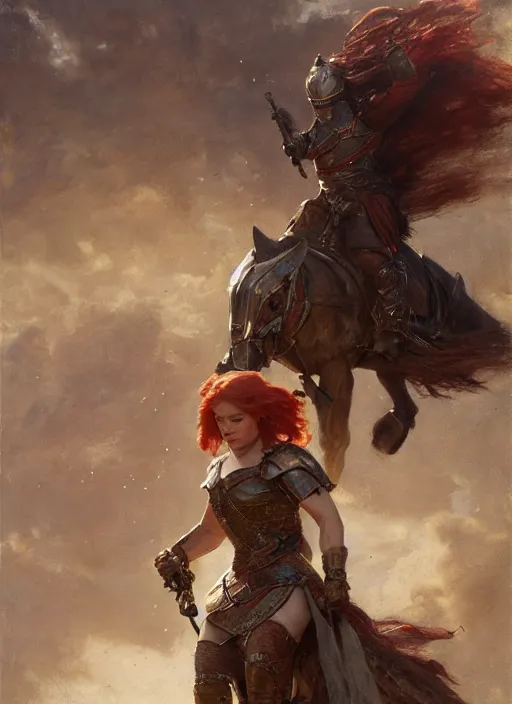 Image similar to short muscular redhead woman wearing realistic medieval armour, emilia clarke, detailed by gaston bussiere, bayard wu, greg rutkowski, maxim verehin, greg rutkowski, masterpiece, sharp focus, cinematic lightning