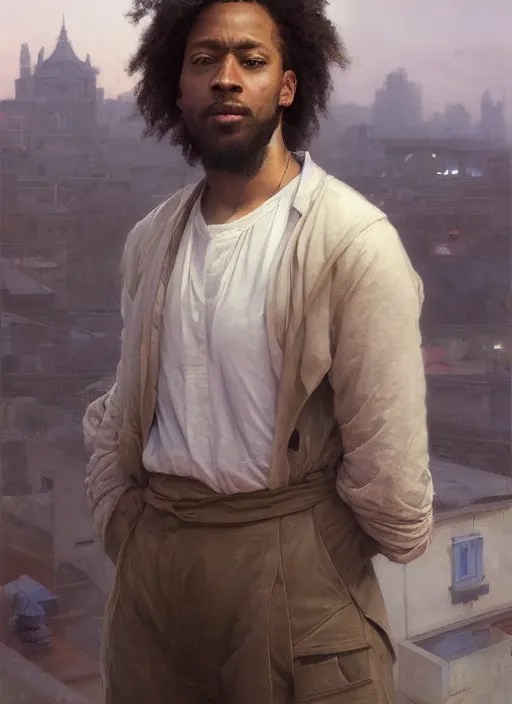 Image similar to A digital painting of a portrait of Donnovan Mitchell alone on a rooftop during Golden Hour. masterpiece 4k digital illustration by Ruan Jia and Mandy Jurgens and Artgerm and greg rutkowski and Alexander Tsaruk and WLOP and william-adolphe bouguereau, marvel comics, dark, intricate, highly detailed, smooth, artstation, digital illustration by Ruan Jia and Mandy Jurgens and Artgerm and Wayne Barlowe and Greg Rutkowski and Frank Frazetta , award winning, Artstation, art nouveau aesthetic, Alphonse Mucha background, intricate details, realistic, panoramic view, Hyperdetailed, 8k resolution, intricate art nouveau