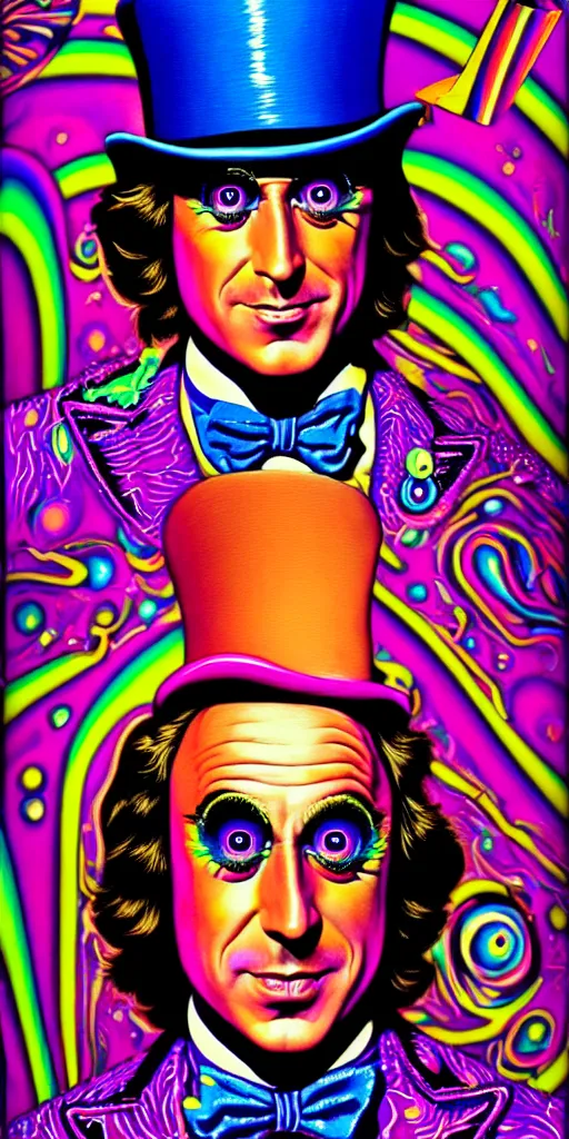 Image similar to An extremely psychedelic illustration of willy wonka in neon psychedelic tuxedo, surreal, LSD, face, detailed, intricate, elegant, lithe, highly detailed, digital painting, artstation, concept art, smooth, sharp focus, illustration, art by Jason Edmiston